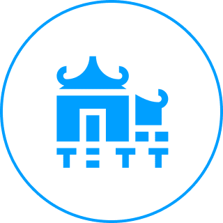 Stylized blue building in circle