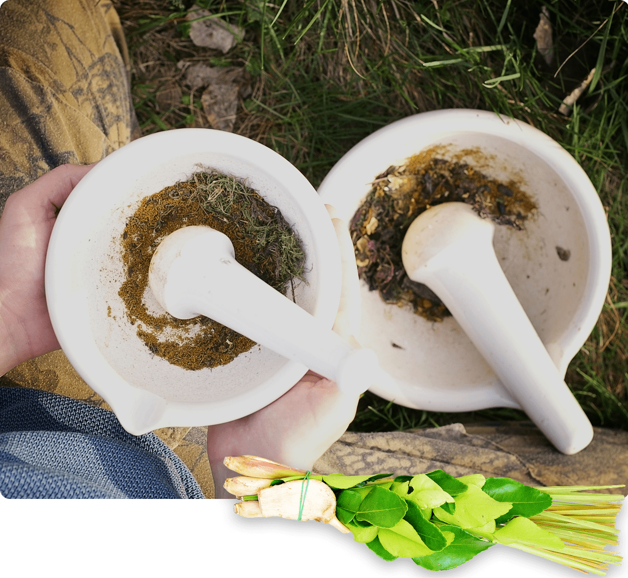 Grinding herbs outdoors with mortars