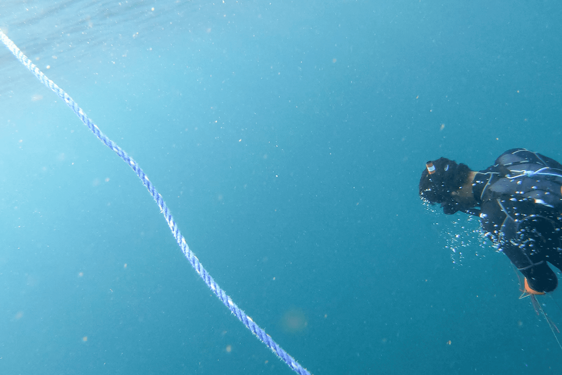 Scuba diver descending beside rope underwater