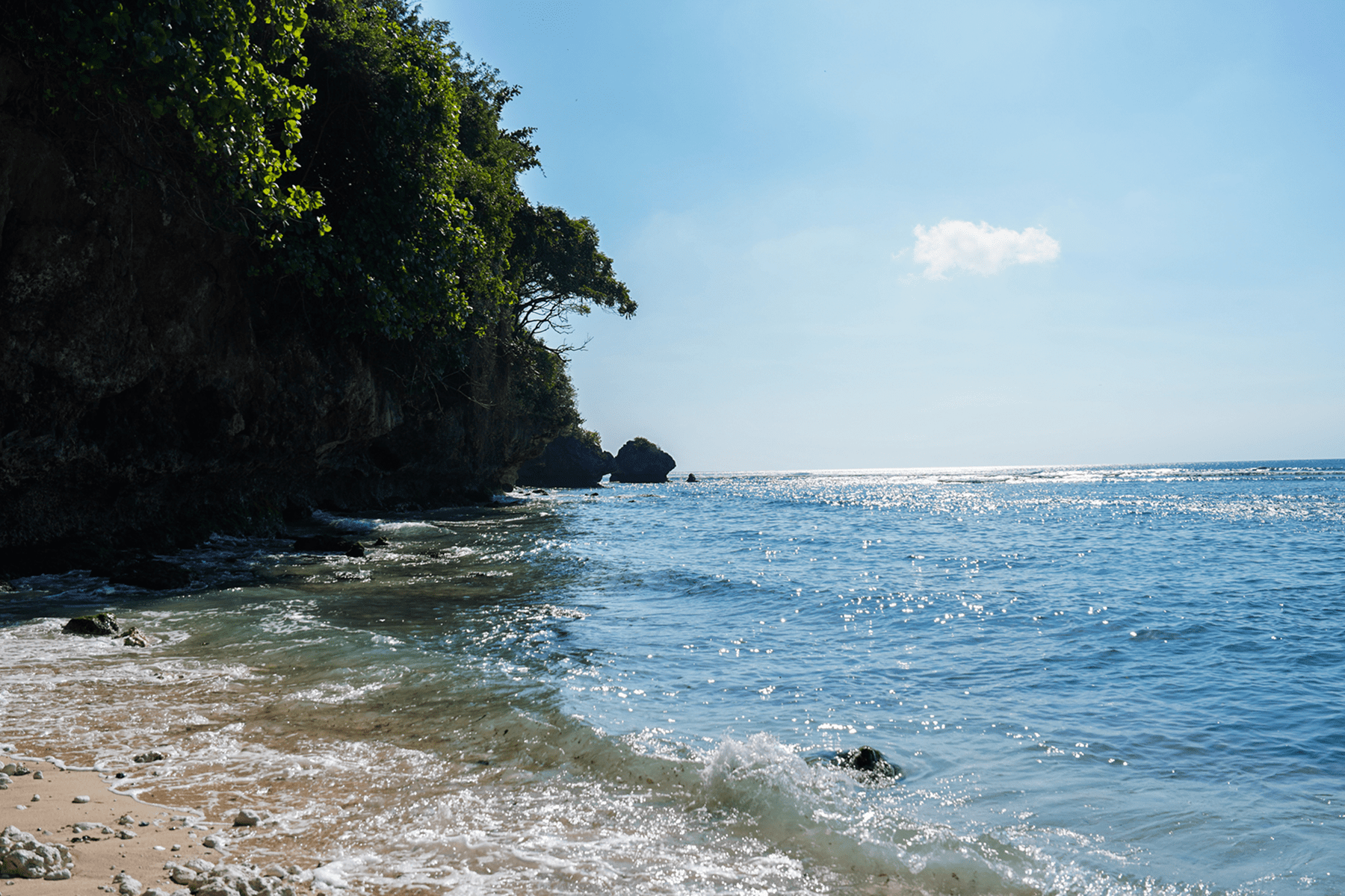 Sunlit rocky beach with clear blue water