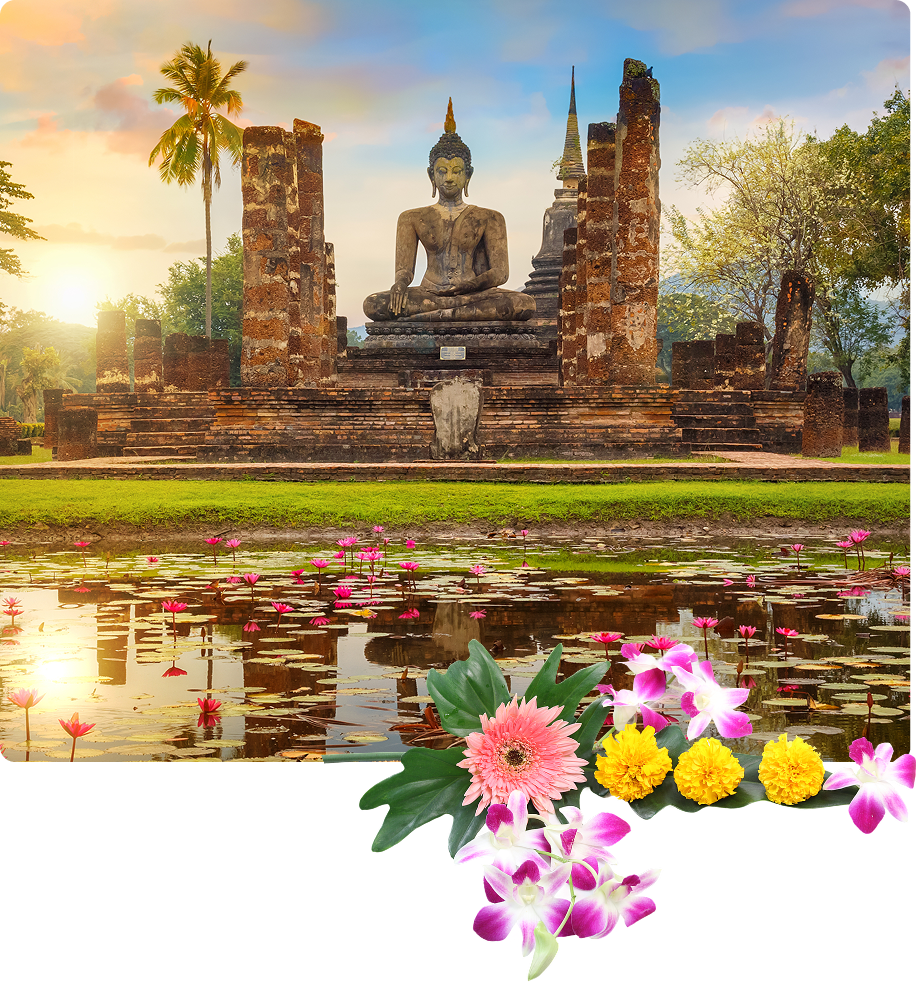 Tranquil temple scene with lotus blossoms