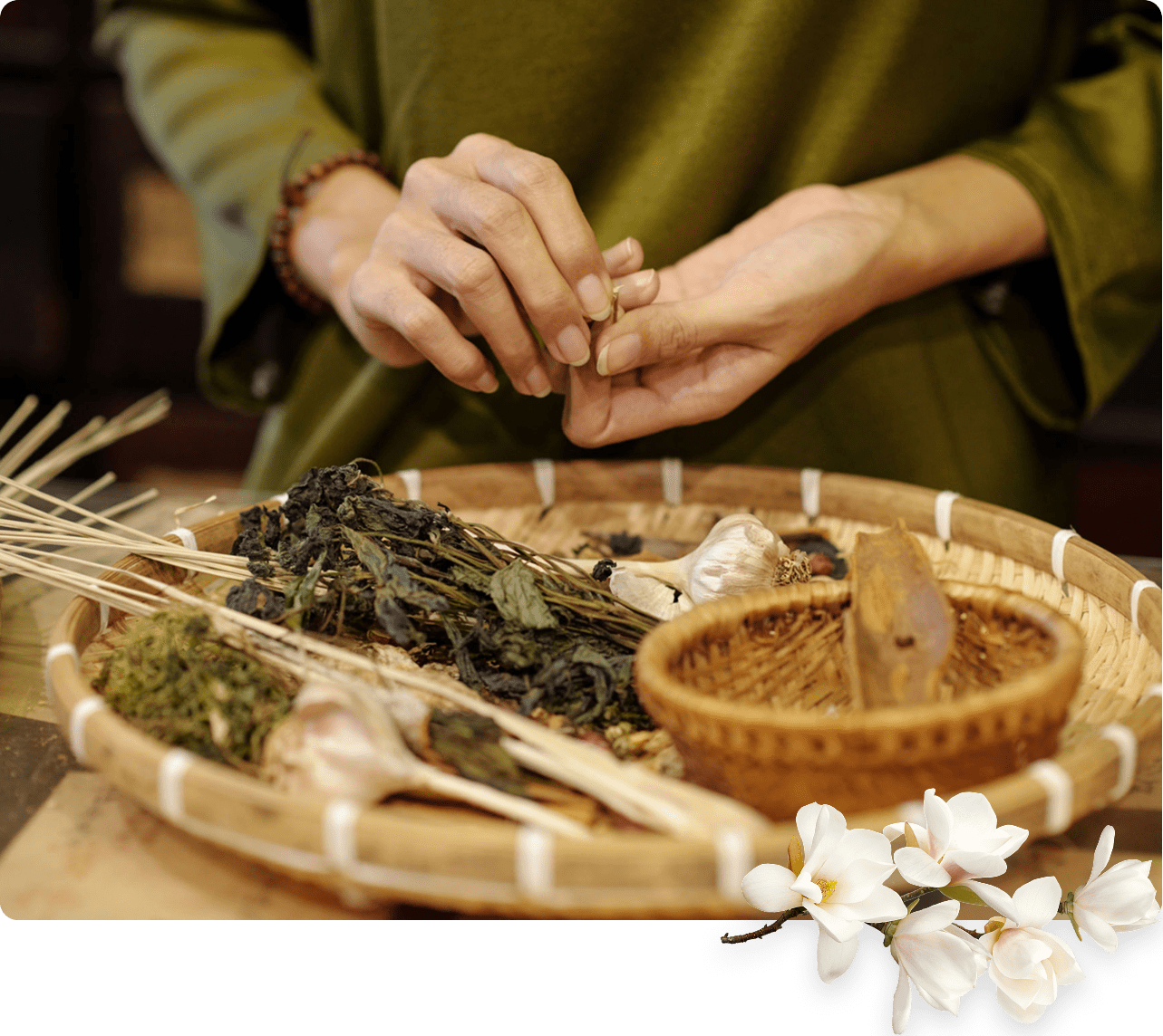 Herbal ingredients on rustic tray