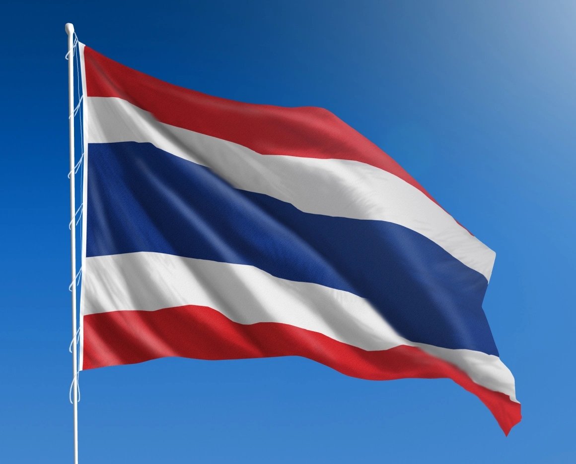 Thai flag waving against blue sky