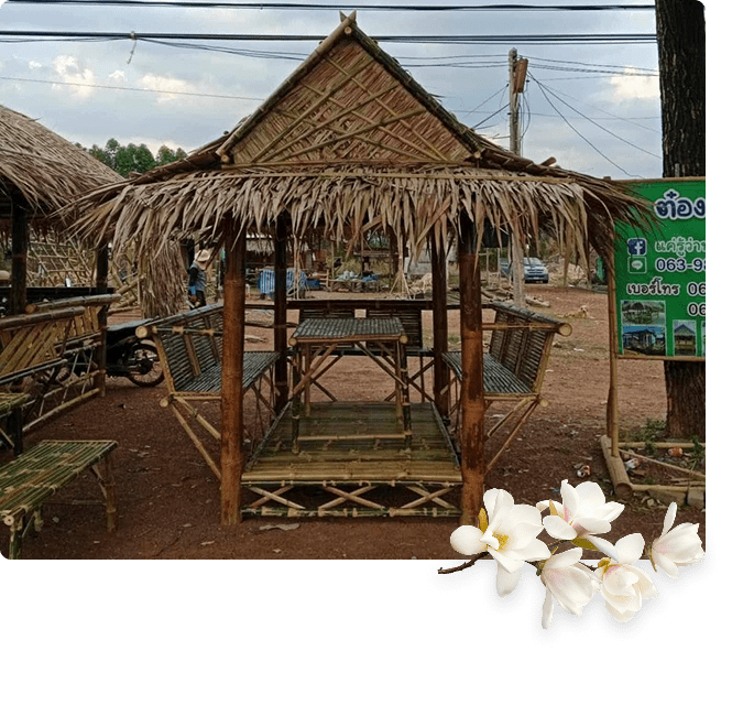 Bamboo thatched hut with outdoor seating area